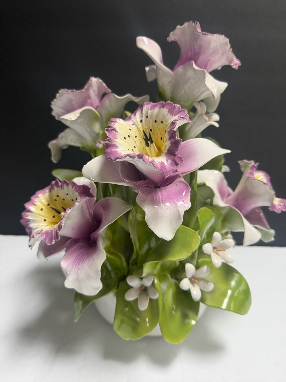 Vintage Capodimonte Italy Porcelain Pink Orchid Floral Arrangement 13”